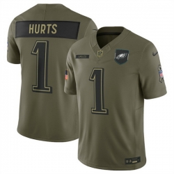 Men Philadelphia Eagles 1 Jalen Hurts Olive 2025 Salute to Service Limited Stitched Football Jersey