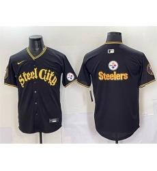 Men Pittsburgh Steelers Team Big Logo Black 412 Patch Vapor Premier Limited Stitched Baseball Jersey 1 Men Pittsburgh Steelers Team Big Logo Black 412 Patch Vapor Premier Limited Stitched Baseball Jersey 1