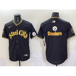 Men Pittsburgh Steelers Team Big Logo Black 412 Patch Vapor Premier Limited Stitched Baseball Jersey 1