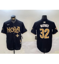 Men New Orleans Saints 32 Tyrann Mathieu Black Cool Base Stitched Baseball Jersey  2