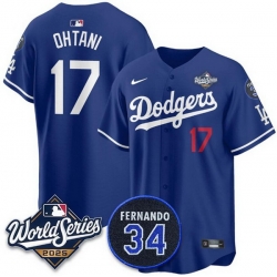 Men Los Angeles Dodgers 17 Shohei Ohtani Royal 2025 World Series With No 34 Patch Limited Stitched Baseball Jersey