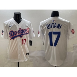 Men Los Angeles Dodgers 17  Shohei Ohtani White With American Flag Patch Limited Stitched Baseball Jersey
