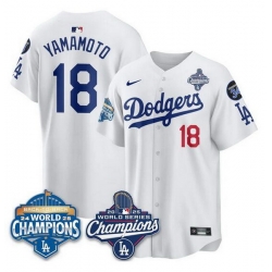 Men Los Angeles Dodgers 18 Yoshinobu Yamamoto White 2025 World Series Champions  26 Back to Back Champions With No 34 Patch Limited Stitched Baseball Jerse