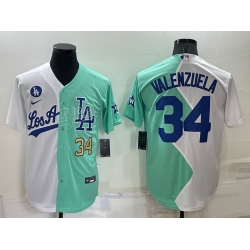 Men Los Angeles Dodgers 34 Fernando Valenzuela 2022 All Star White  Green Cool Base Stitched Baseball Jersey