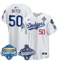 Men Los Angeles Dodgers 50 Mookie Betts White 2025 World Series Champions 26 Back to Back Champions With No 34 Patch Limited Stitched Baseball Jersey Men Los Angeles Dodgers 50 Mookie Betts White 2025 World Series Champions 26 Back to Back Champions With No 34 Patch Limited Stitched Baseball Jersey