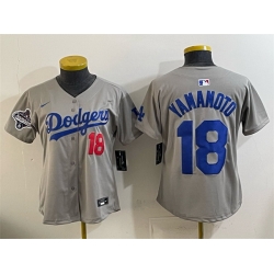 Women Los Angeles Dodgers 18 Yoshinobu Yamamoto Grey 2025 World Series Champions Patch Limited Stitched Baseball Jersey 