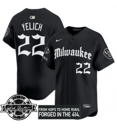 Men Milwaukee Brewers 22 Christian Yelich Black Gothic Edition Bob Uecker Patch Vapor Premier Limited Stitched Baseball Jersey Men Milwaukee Brewers 22 Christian Yelich Black Gothic Edition Bob Uecker Patch Vapor Premier Limited Stitched Baseball Jersey