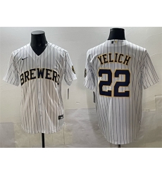 Men Milwaukee Brewers 22 Christian Yelich White Pinstripe 2025 With Patch Stitched Baseball Jersey Men Milwaukee Brewers 22 Christian Yelich White Pinstripe 2025 With Patch Stitched Baseball Jersey