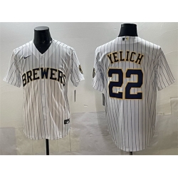 Men Milwaukee Brewers 22 Christian Yelich White Pinstripe 2025 With Patch Stitched Baseball Jersey