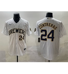 Men Milwaukee Brewers 24 William Contreras White Pinstripe 2025 With Patch Stitched Baseball Jersey Men Milwaukee Brewers 24 William Contreras White Pinstripe 2025 With Patch Stitched Baseball Jersey