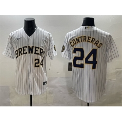 Men Milwaukee Brewers 24 William Contreras White Pinstripe 2025 With Patch Stitched Baseball Jersey
