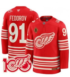 Men Detroit Red Wings 91 Sergei Fedorov Red 2025 Centennial Premium With 100 and P Patch And A Patch Stitched Hockey Jersey Men Detroit Red Wings 91 Sergei Fedorov Red 2025 Centennial Premium With 100 and P Patch And A Patch Stitched Hockey Jersey