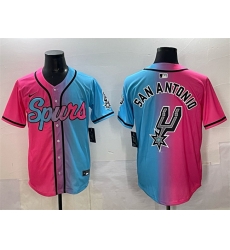 Men San Antonio Spurs Team Big Logo Pink Blue Limited Stitched Baseball Jersey Men San Antonio Spurs Team Big Logo Pink Blue Limited Stitched Baseball Jersey